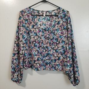 💚3/$15  Mudd Women's Blouse Large Sheer Floral Crop Top
